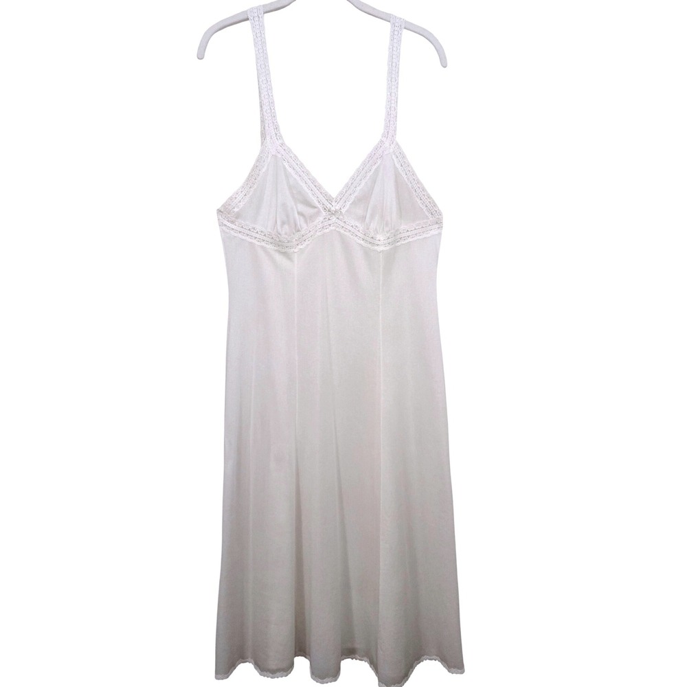 Vintage Coquette White Lace Trim Full Slip V-Neck Sleeveless Lingerie Dress Sz S